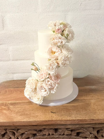 3 tier-wedding-cake-peach roses-cascade