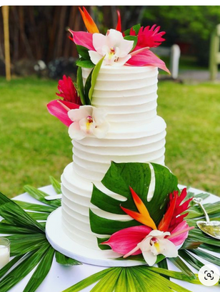 3 tier wedding cake- stripe finish-lilies-large leaves