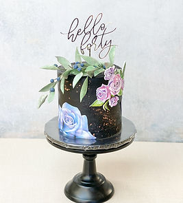1 tier black cake-painted blue-pink-flowers-green leaves