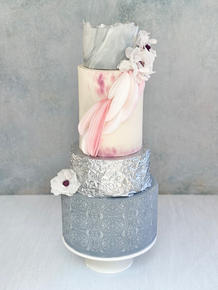 3 tier cake-wedding cake-marble cake-foil cake-silver gray cake-best bakery-san Diego bakery-wafer paper-custom bakery-bakery near me-sugar flowers