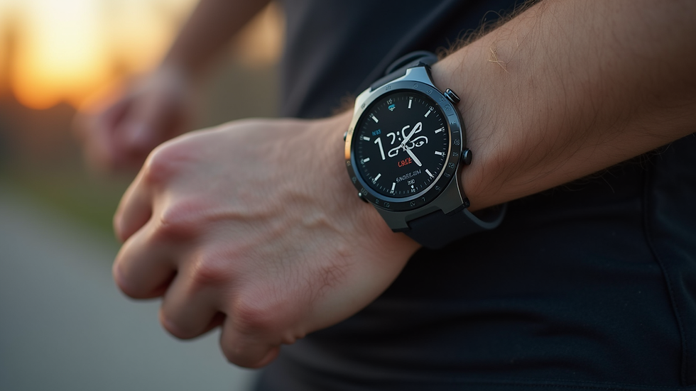 Close-up view of a fitness tracker displaying performance metrics