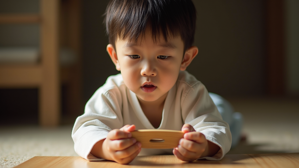 Eye-level view of a child practicing soroban with focused expression