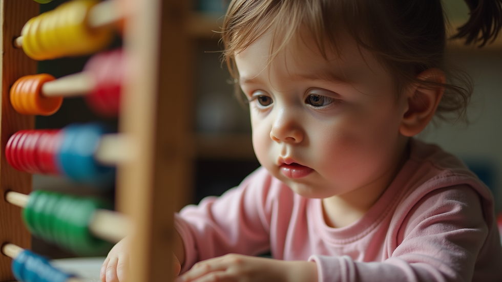 Close-up view of a child practicing abacus calculations with colorful beads