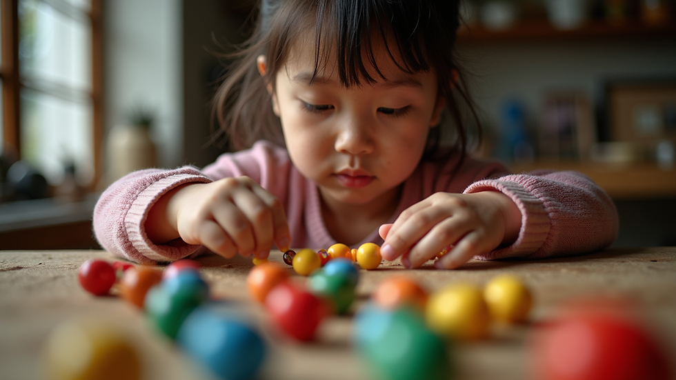 Eye-level view of a child practicing soroban beads