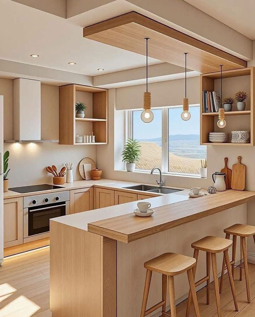 Bright kitchen with cream cabinets, red curtains, and a wooden table. A white orchid, fruit, and a small scale add charm.