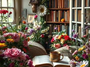 Coffee and books beside a blooming garden and bookshelf.