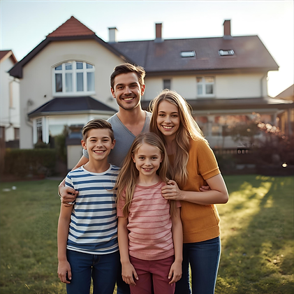 Glückliche Familie vor dem eigenen Haus