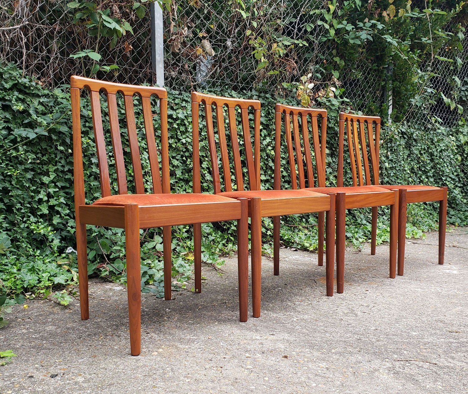 4 Teak Meredew Dining Chairs Burnt Orange Velvet