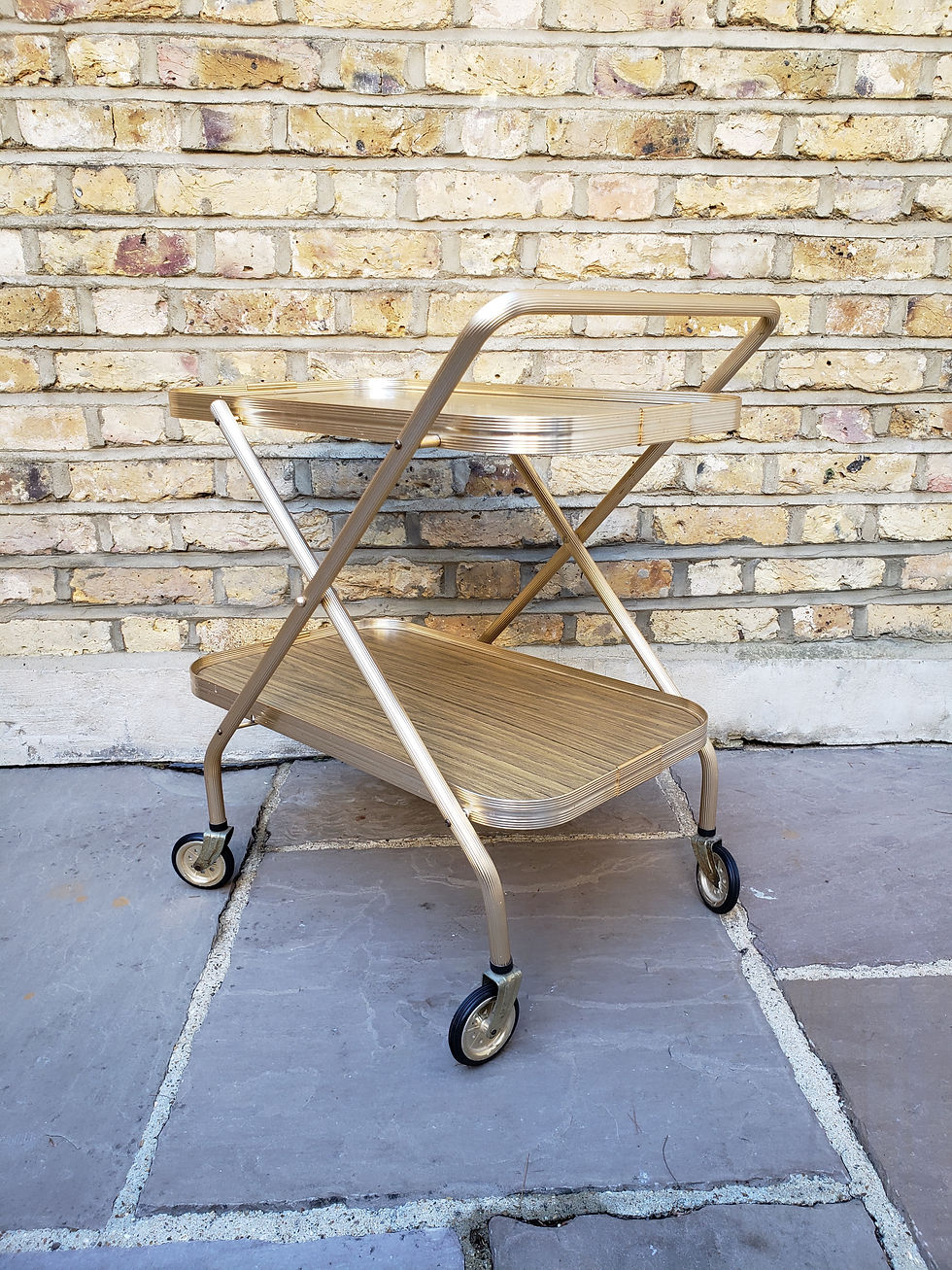 Thumbnail: 70s vintage gold & faux teak drinks tea trolley
