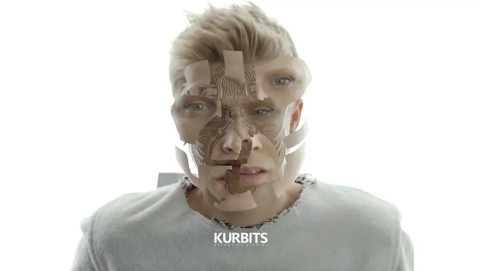 A person with a digital, fragmented face effect against a bright background. Text reads "KURBITS animation studios" at the bottom.