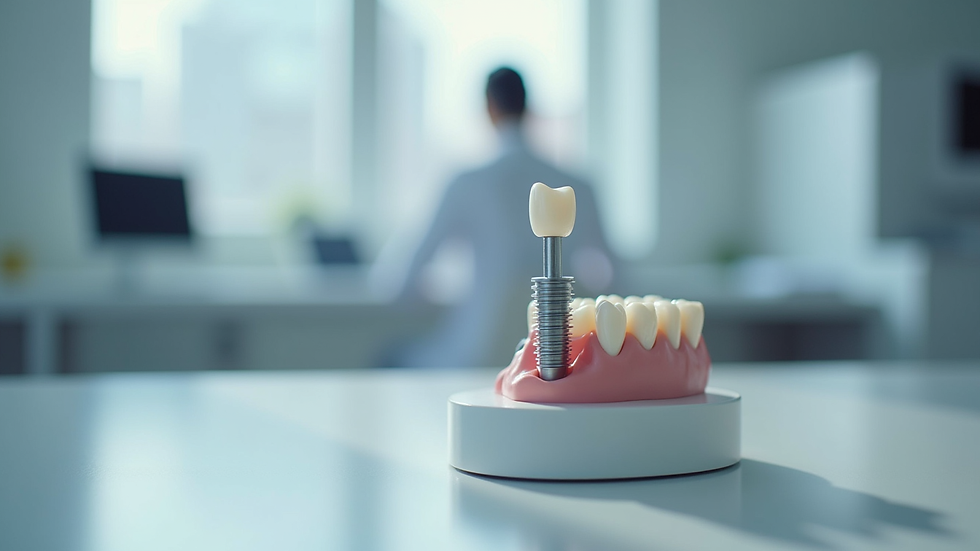 Close-up view of dental implant model on a clinic desk