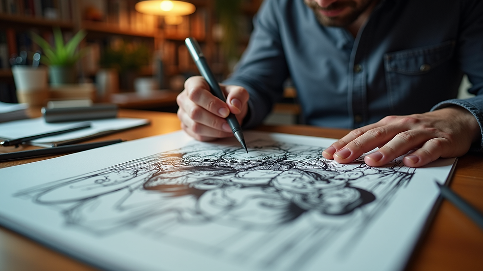 Eye-level view of a comic book artist drawing a superhero scene