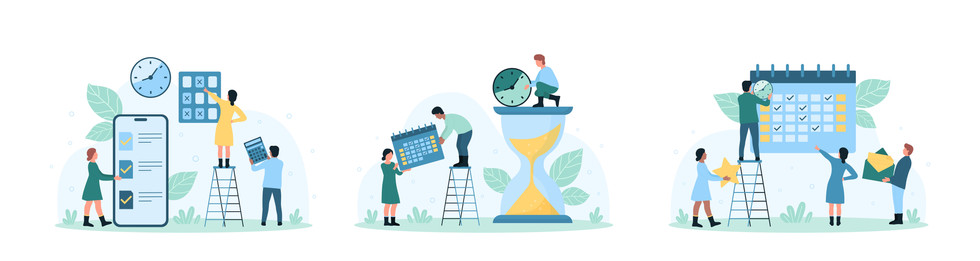 graphics showing people working and productivity
