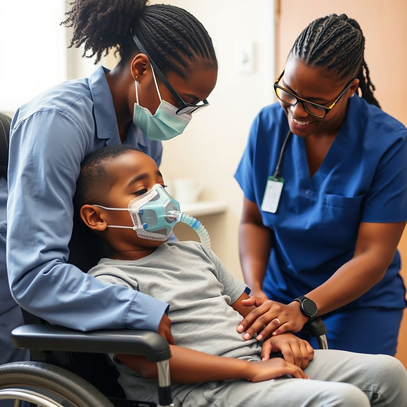 African American Staff helping a young adult who has cerebral palsy and is on a ventilator