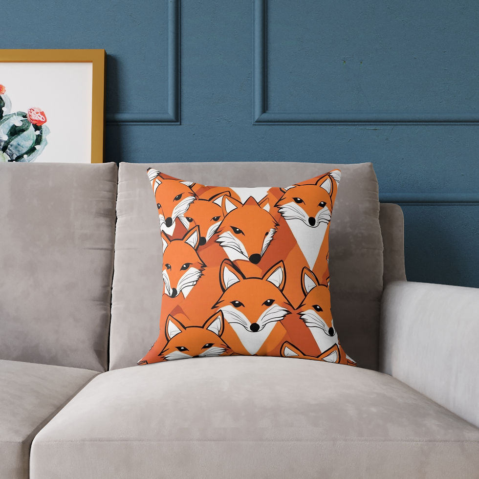 Orange fox print cushion on a sofa
