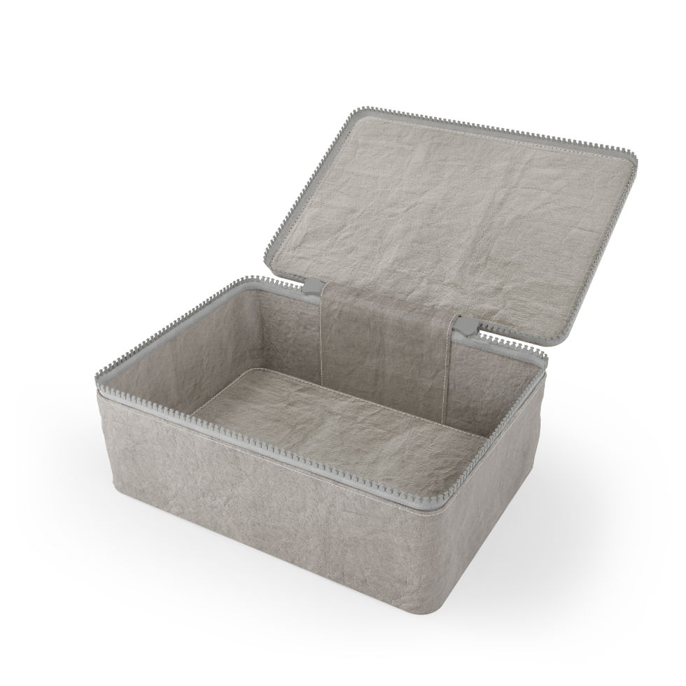 Grey fabric storage box, open, showing empty interior