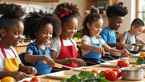 draft me a realistic image of kids in cooking class (make the kids an even mixture of boys