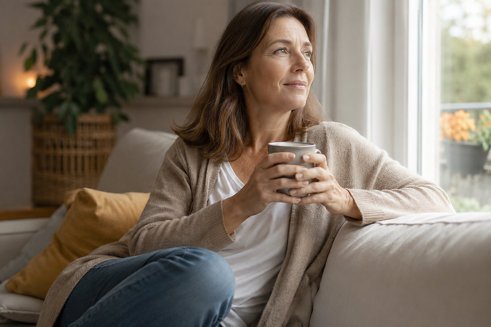 eine Frau trinkt einen Kaffe auf dem Sofa und schaut lächelnd aus dem Fenster