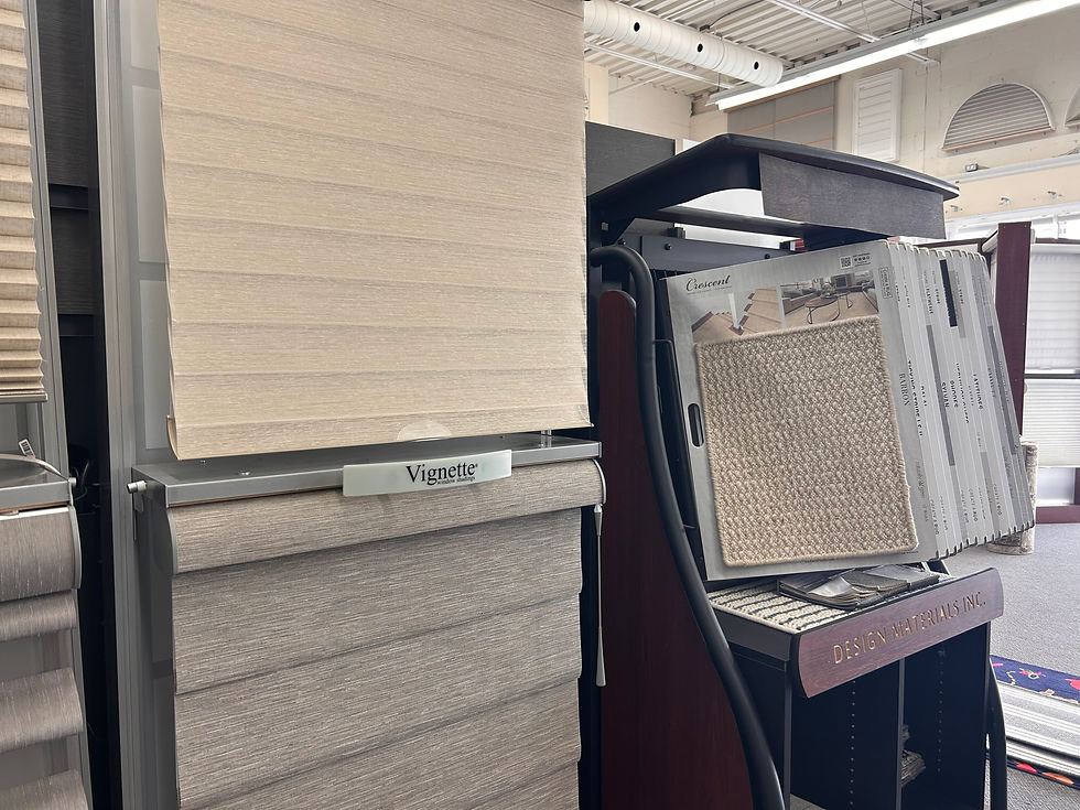 Eye-level view of a showroom displaying various carpet samples