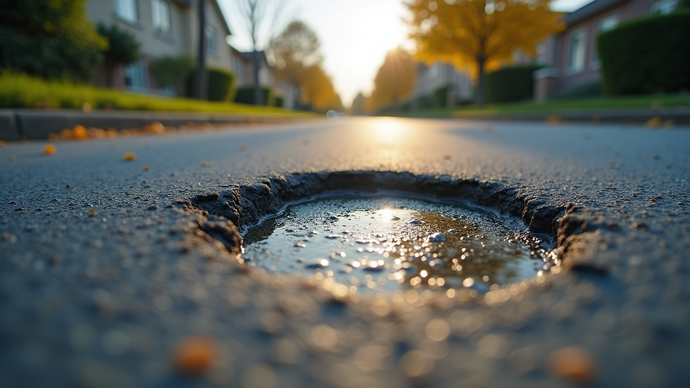Close-up view of a freshly repaired pothole on a residential street