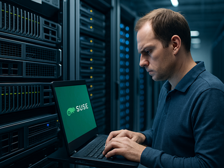 Seorang teknisi IT sedang serius bekerja di depan laptop di dalam ruang server, dengan layar menampilkan logo SUSE, menggambarkan proses patching server Linux di lingkungan data center.