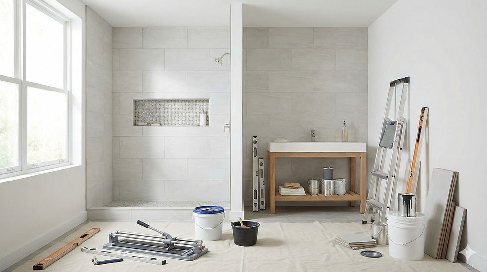 Mieszkanie w trakcie wykończenia – świeże ściany, płytki i narzędzia przygotowane do pracy.