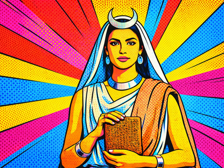 Pop-art style landscape portrait inspired by Enheduanna: a calm, powerful woman in minimalist Mesopotamian robes holds a clay tablet with cuneiform writing, standing against bold halftone rays in red, yellow, and blue, illustrated with thick black lines and vibrant comic-book colour blocks.