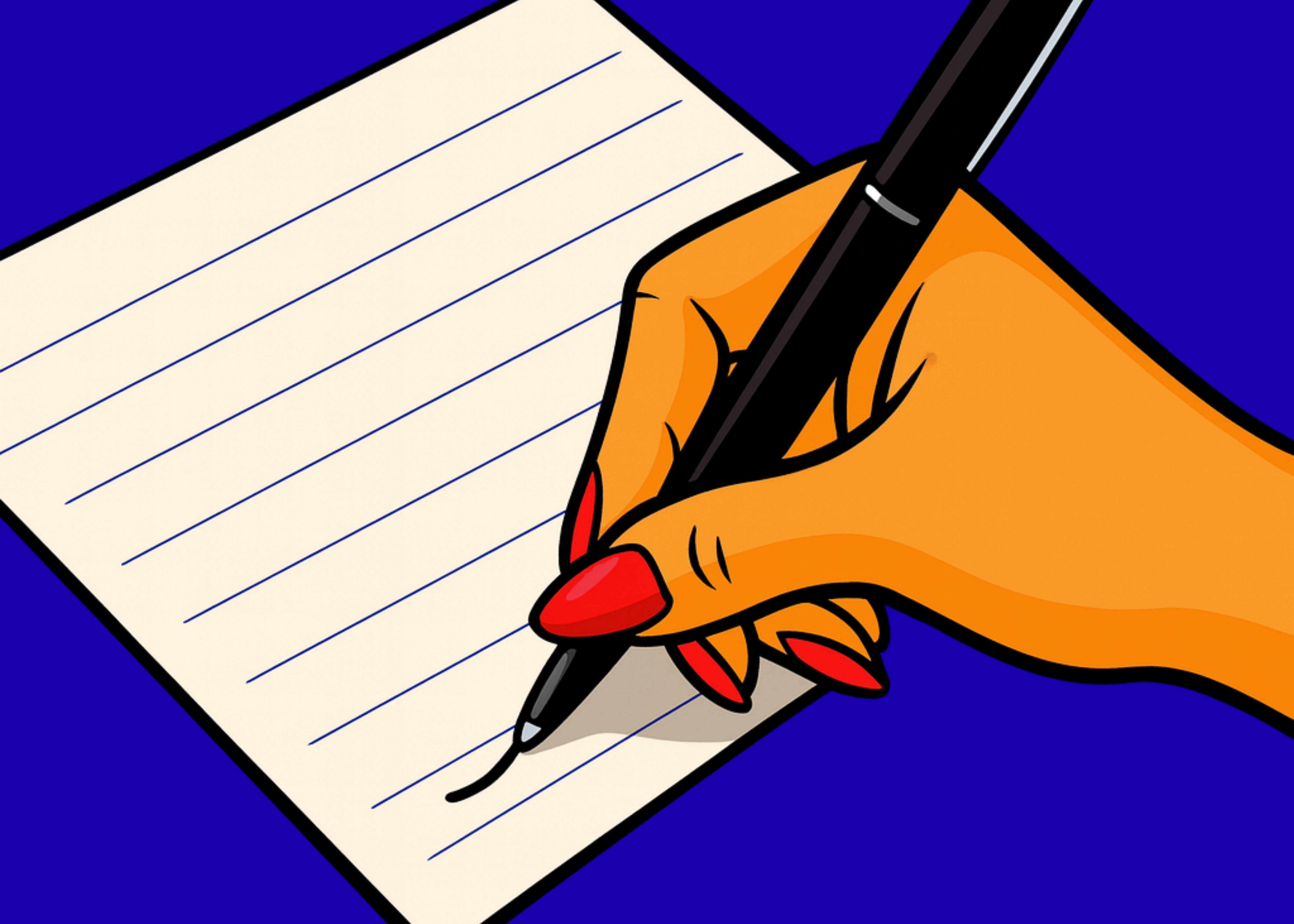 Pop-art hand with red nails writing on paper, symbolizing human copywriting in AI world.