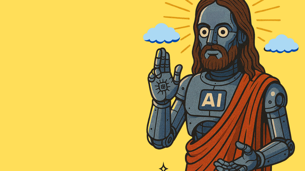 Retro cartoon illustration of a robotic Jesus figure with glowing halo, long hair, and red robe, featuring AI circuits on his chest and hand, symbolizing the fusion of artificial intelligence and divinity.