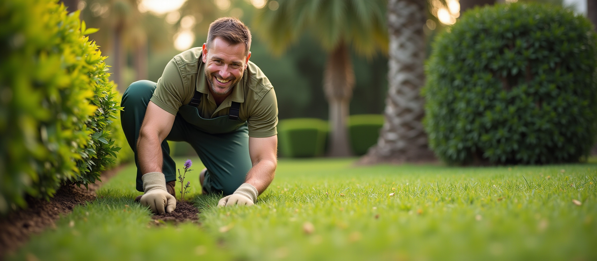 "Smiling lawn care professional planting a flower while kneeling on a freshly maintained lawn, representing Bounce Back Lawncare’s dedication to quality landscaping and customer care in Central Florida."