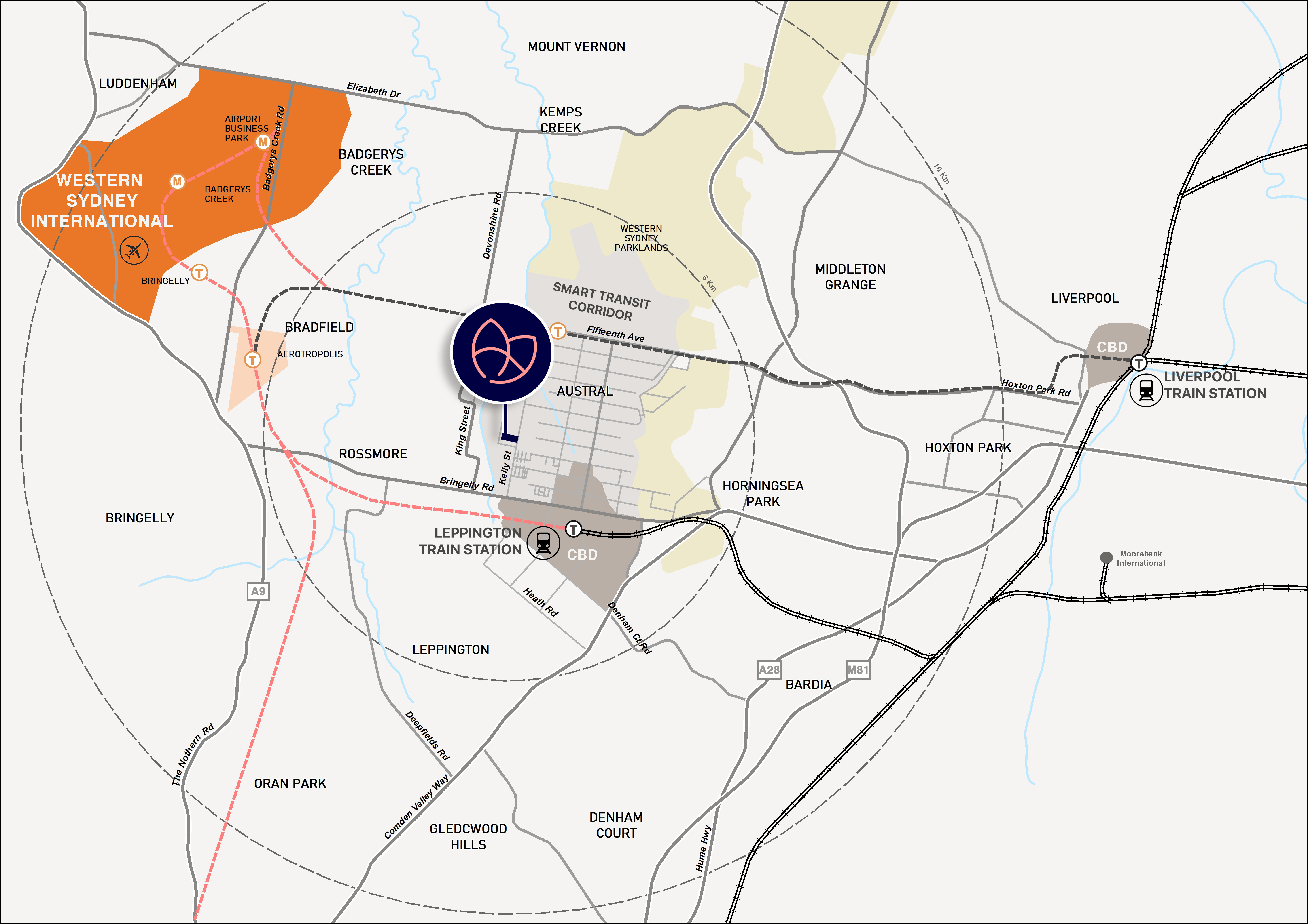 Arcadia Austral官方区位图,展示项目与Leppington、Liverpool及机场方向的地理关系;仅供位置参考。