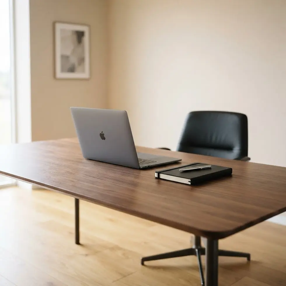 Studio photography of a laptop and notebook on a minimalist wooden desk. The scene conveys a clean, productive, and calm workspace environment.