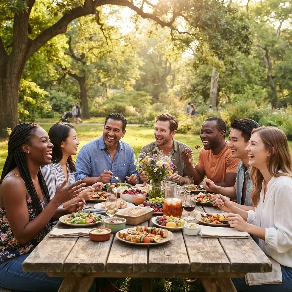 Lifestyle photography of a diverse group of friends enjoying a sunny outdoor picnic at a wooden table in a park. The scene captures a joyful, warm, and communal atmosphere as they dine together.