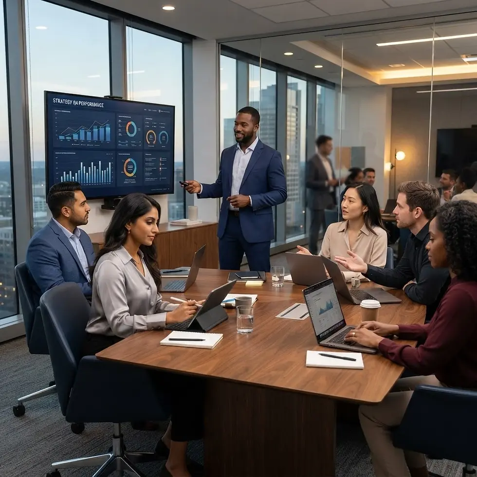 Studio photography of a diverse team collaborating in a modern conference room. A man presents data on a screen to colleagues seated at a wooden table in a professional, productive atmosphere.