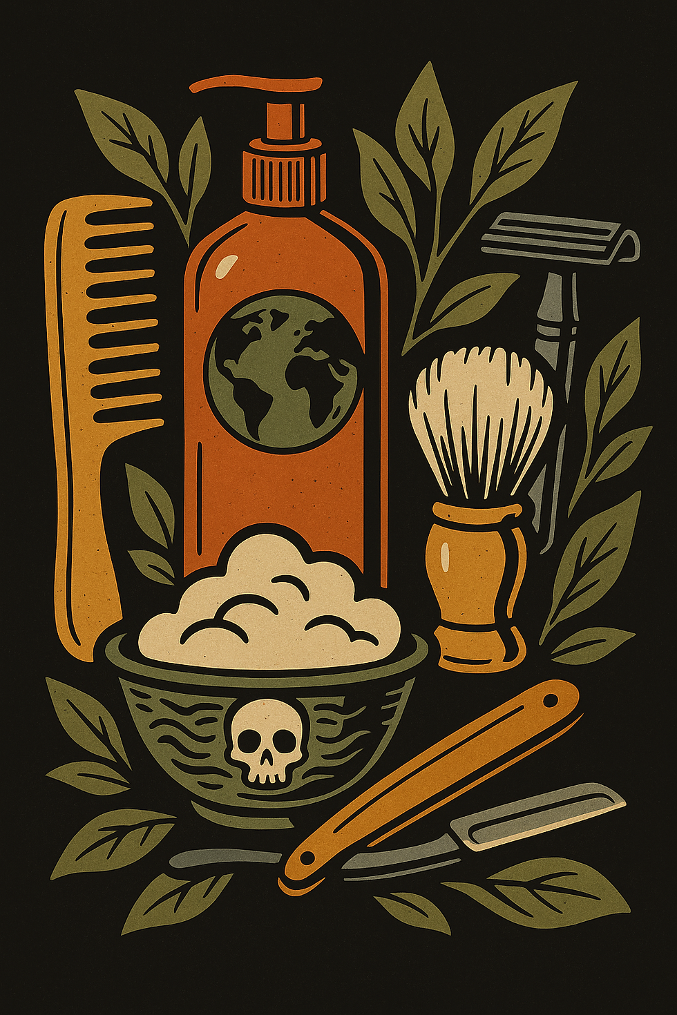 Comic-style digital illustration of eco-friendly barbering tools including a shampoo bottle with an Earth emblem, wide-toothed comb, shaving brush, safety razor, and a lather bowl featuring a skull motif. The layout is framed by leafy greenery and rendered in a muted palette of orange, cream, green, and black, evoking a bold, vintage-inspired aesthetic.