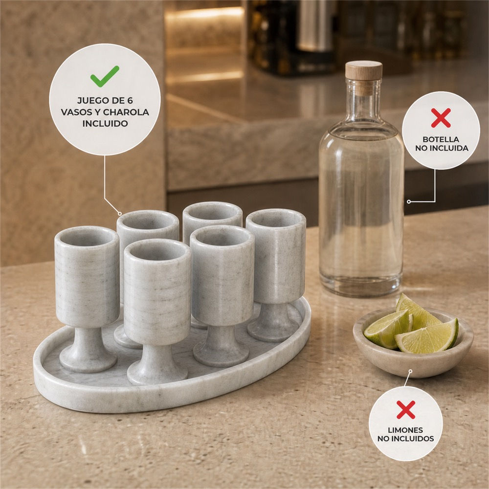 Juego de 6 copas de piedra gris con charola