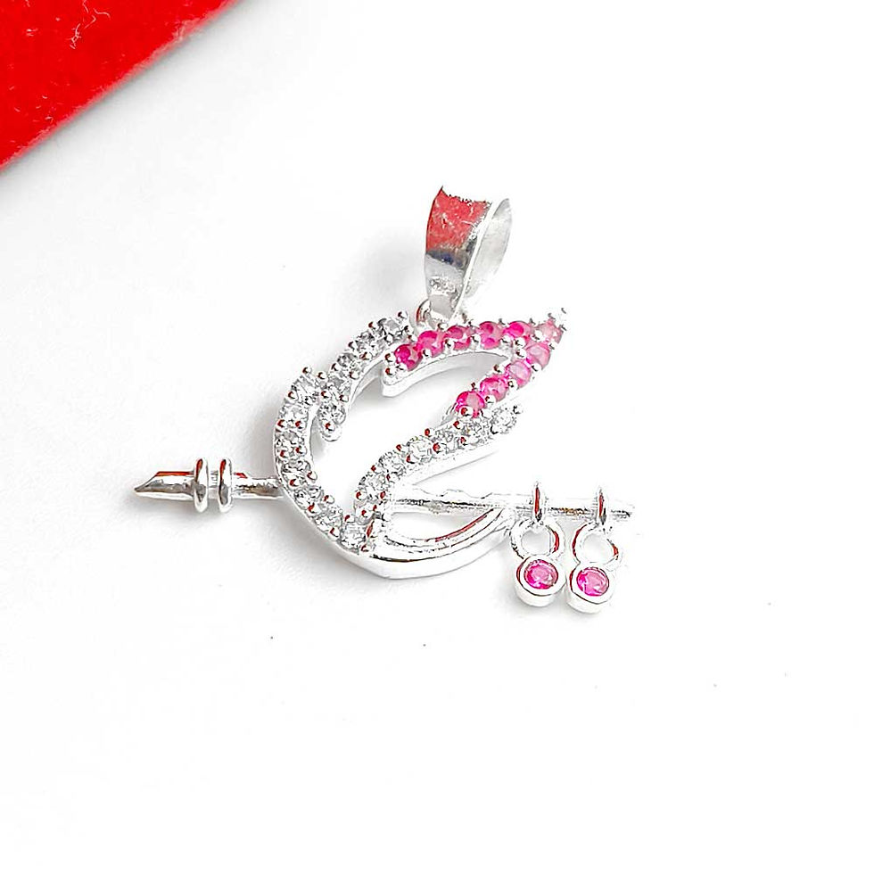 Thumbnail: Pink and White Stone Mix Morpankh Design Bansuri Pure Silver 925 Locket