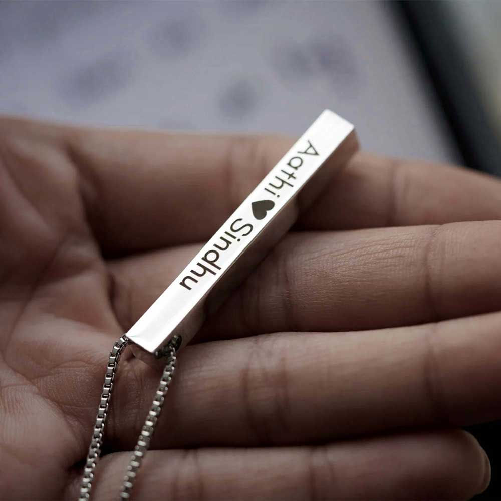 Vertical Bar Silver Locket with Black Radium Customised Name, shubh jewellers