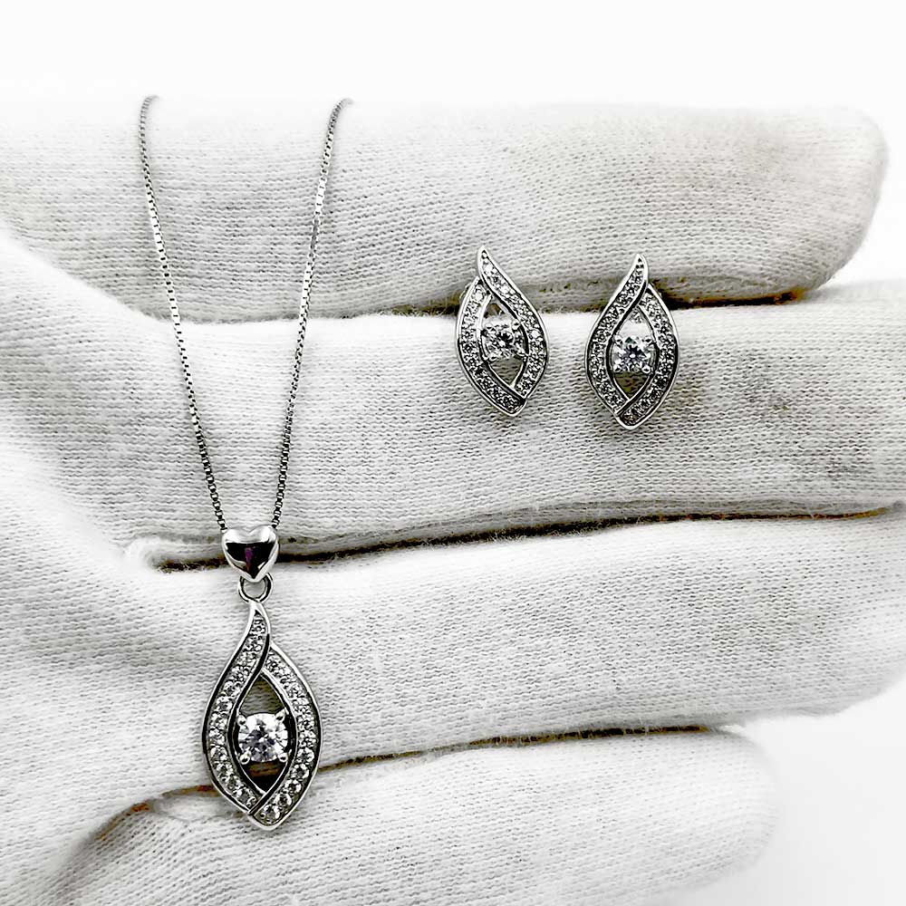 Light Weight Fancy Cut Stone Curve Pendant or Earring Set Dokiya for women, 925