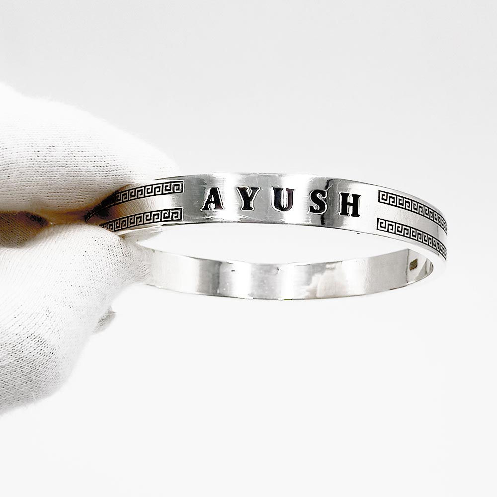 Double Sided Versace Design Customise Name Pure Silver Kada for men, Shubh Jewellers