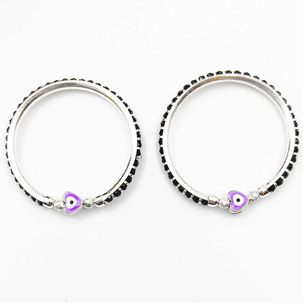 Thumbnail: Purple Design Evil Eye Black Moti Pure Silver 925 Bacha(Child) Kada for New Born