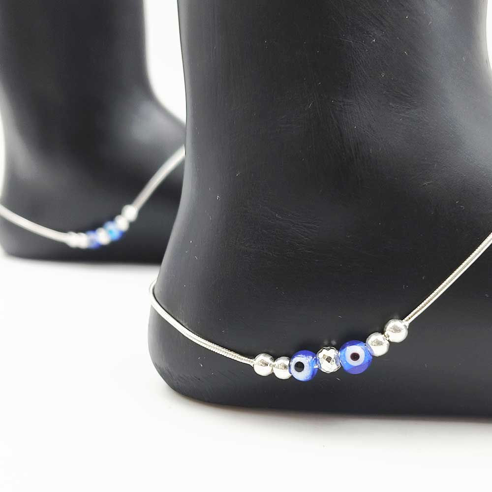 Light Weight Round Balls Design Evil Eye Pattern Pure Silver 925 Payal for women