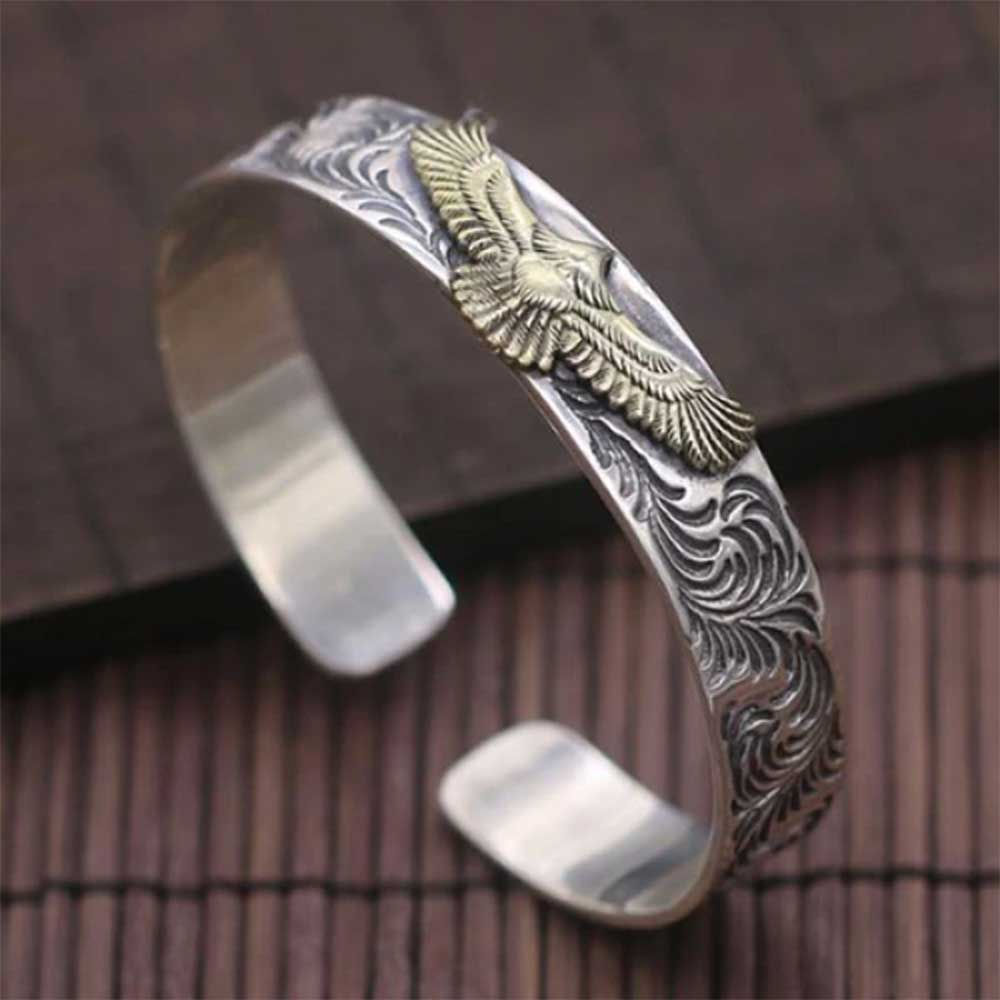 Men's Sterling Silver Eagle Cuff Bracelet, Fancy Pure Silver Bracelet