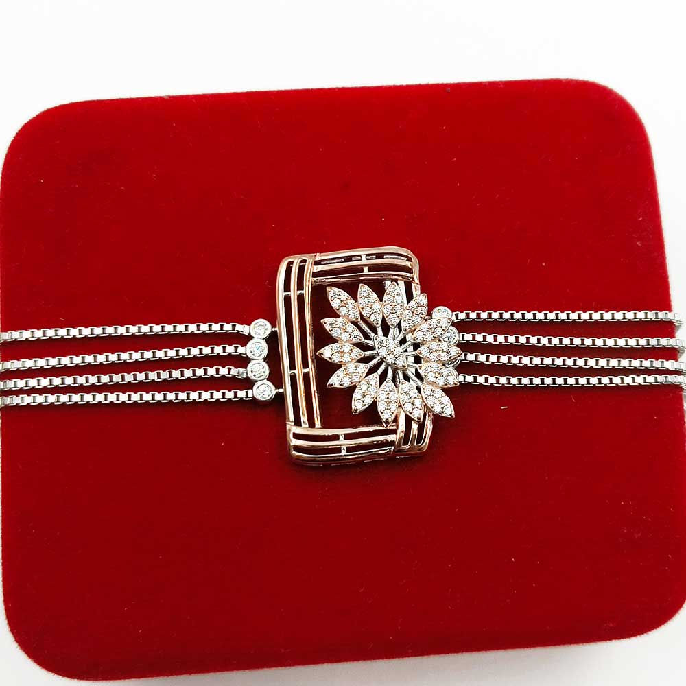 Rose Gold Design CZ Bunch Pattern Four Line Pure Silver Bracelet for women