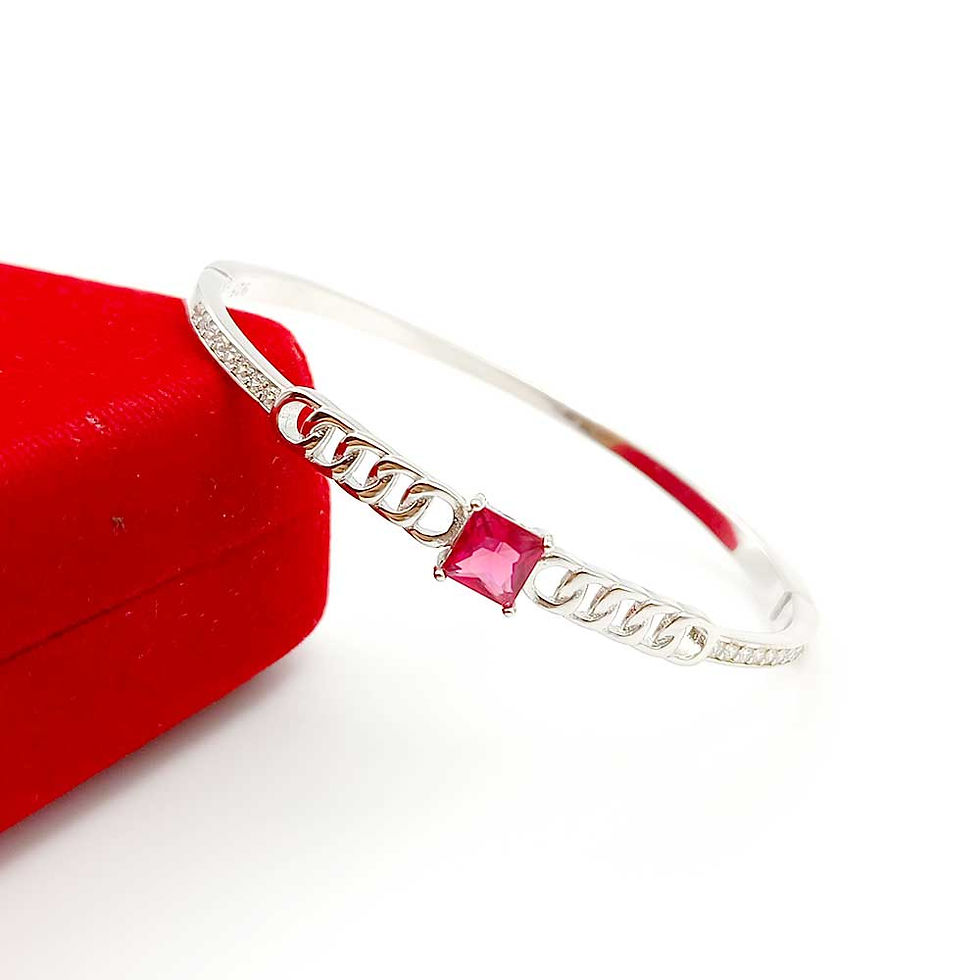 Thumbnail: Red Stone Stylish Pure Silver Ladies Bangle, Deep Love Symbol