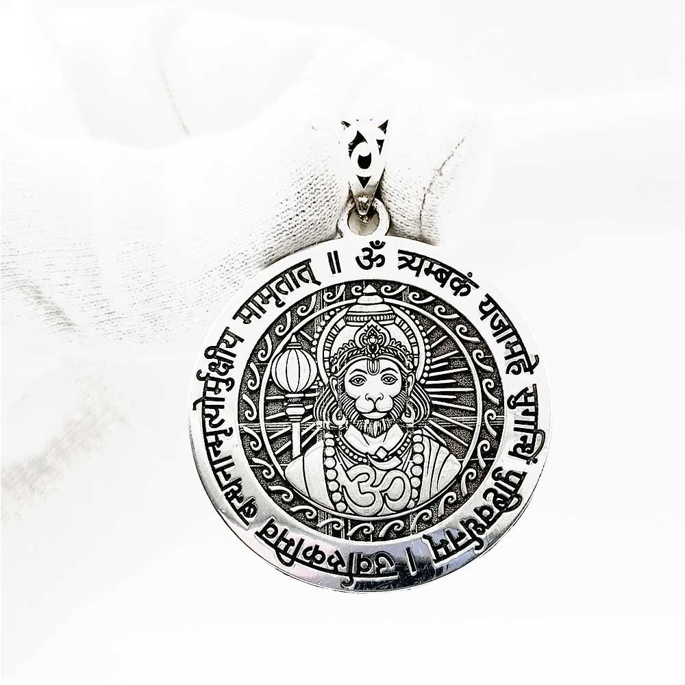 Om, Hanuman Ji & Maha Mrityunjaya Mantra Pure Silver Locket Design