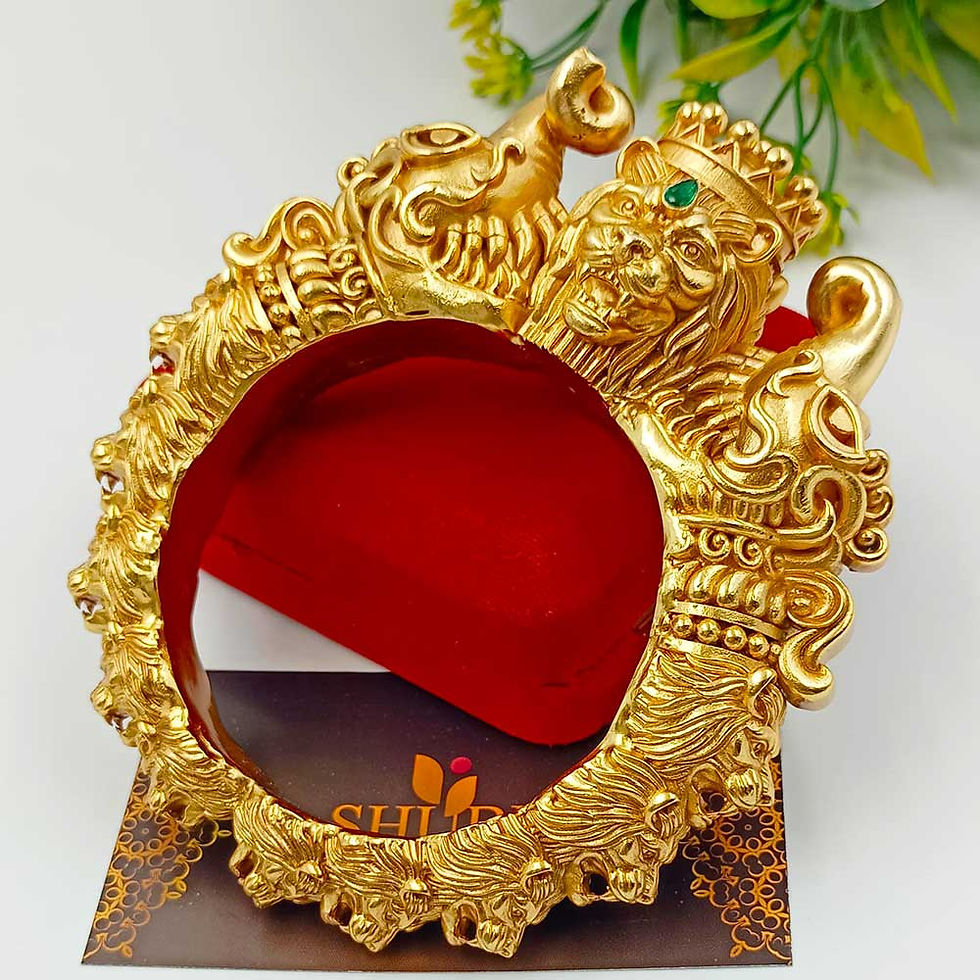 Heavy Casting Lion Pattern Pure Silver Kada, Gold Rodium & Green Stone, 200 gms