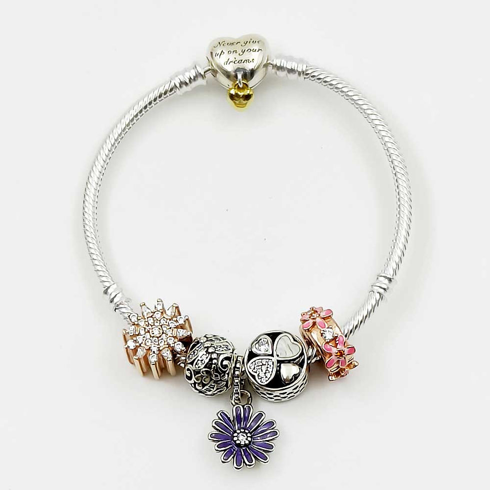 Thumbnail: Flower Charms Rose Gold Star Moving Love Symbols Ladies Pandora Design