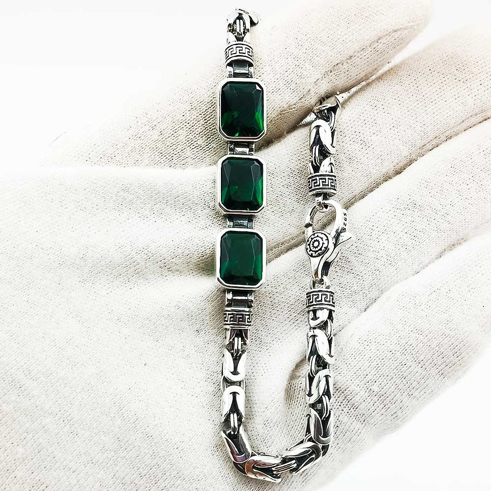 Big Green Stone Turkey Design Round king byzantine Pattern Pure 925 Bracelet