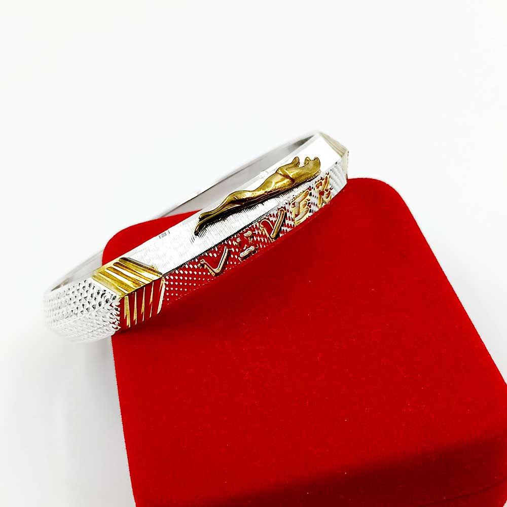 V-Shape Panther CNC Gold Rhodium Pure Silver Kada for Men 30 gm, Shubh Jewellers